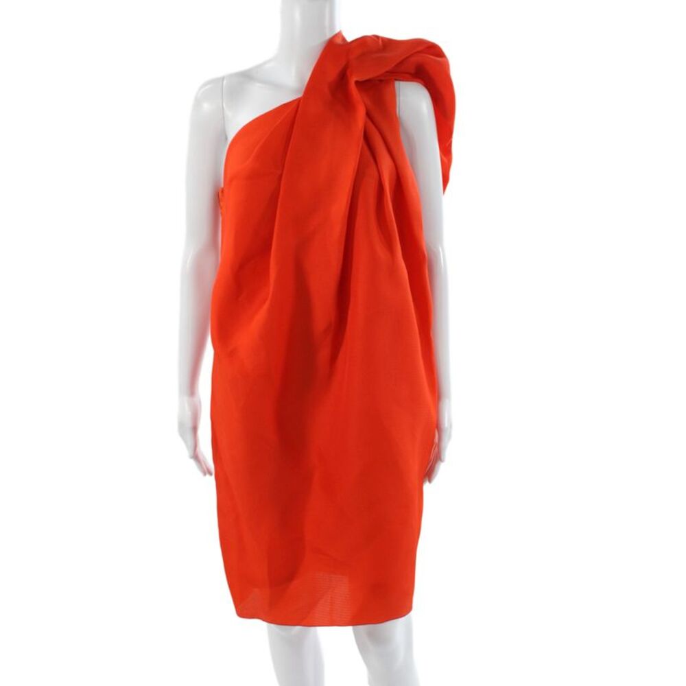 Lanvin Women Shift Dress One Shoulder Silk Sleeveless Orange Mini Size 38